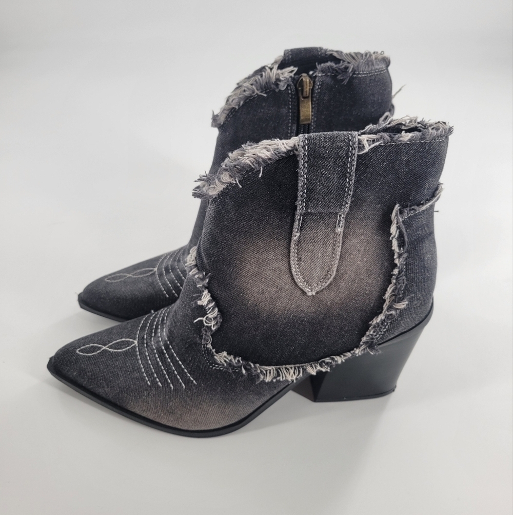 Western Cowboy Womens Pointed Toe High Chunky Block Heel Ankle Boots Denim Shoes - Picture 2 of 8